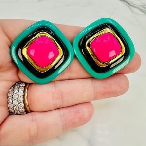 80s Vintage Clip On Earrings Modern Glam Bright Teal Hot Pink Black Gold Funky